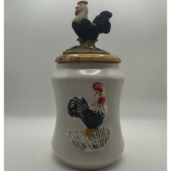 Other - Vintage SEi Ceramic Canister Jar w/ Wooden Lid & Resin Rooster Farmhouse Kitchen